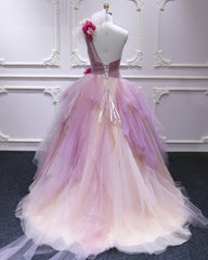 Puffy One Shoulder Sleeveless Tulle Prom Dress with Flowers, Ruffles Quinceanera Dress