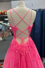 V Neck Hot Pink Backless Lace Prom Dresses, Open Back Hot Pink Lace Formal Evening Dresses
