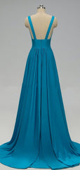 Elegant A-Line Sexy V Neck Gold Long Modest Side-Slit Blue Bridesmaid Dress