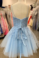 Blue Spaghetti Straps Homecoming Dress With Appliques