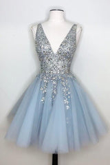 Blue V Neck Homecoming Dress With Beadings