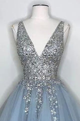 Blue V Neck Homecoming Dress With Beadings