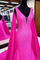 Hot Pink Mermaid Prom Dress With Wateau Train