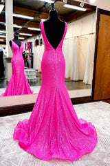 Hot Pink Mermaid Prom Dress With Wateau Train