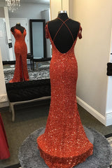 Orange Sparkly Spaghetti Straps Sequins Long Prom Dress with Slit