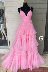 Sparkly Spaghetti Straps Tiered Tulle Prom Dress, New Long Party Gown