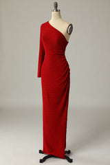 Sheath One Shoulder Red Long Prom Dress with Split Front