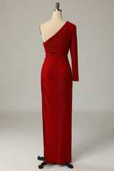Sheath One Shoulder Red Long Prom Dress with Split Front
