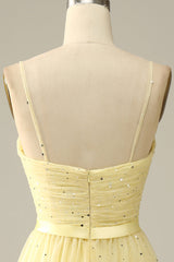 Yellow Spaghetti Straps Tea Length Prom Dress