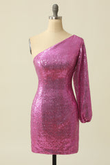 One Shoulder Fuchsia Sequined Homecoming Dress