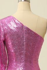 One Shoulder Fuchsia Sequined Homecoming Dress
