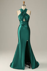 Dark Green Halter Convertible Lace Up Mermaid Prom Bridesmaid Dress With Slit