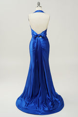 Royal Blue Halter Lace Up Backless Prom Dress