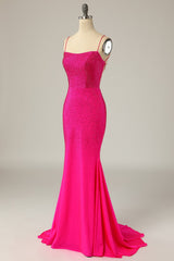 Mermaid Spaghetti Straps Hot Pink Sequins Long Prom Dress
