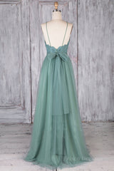 A Line Backless Lace Green Long Prom Dresses, Backless Green Lace Formal Graduation Evening Dresses