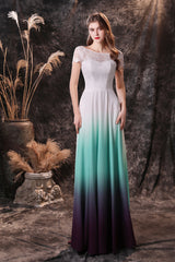 A Line Cap Sleeve Ombre Silk Floor Length Prom Dresses