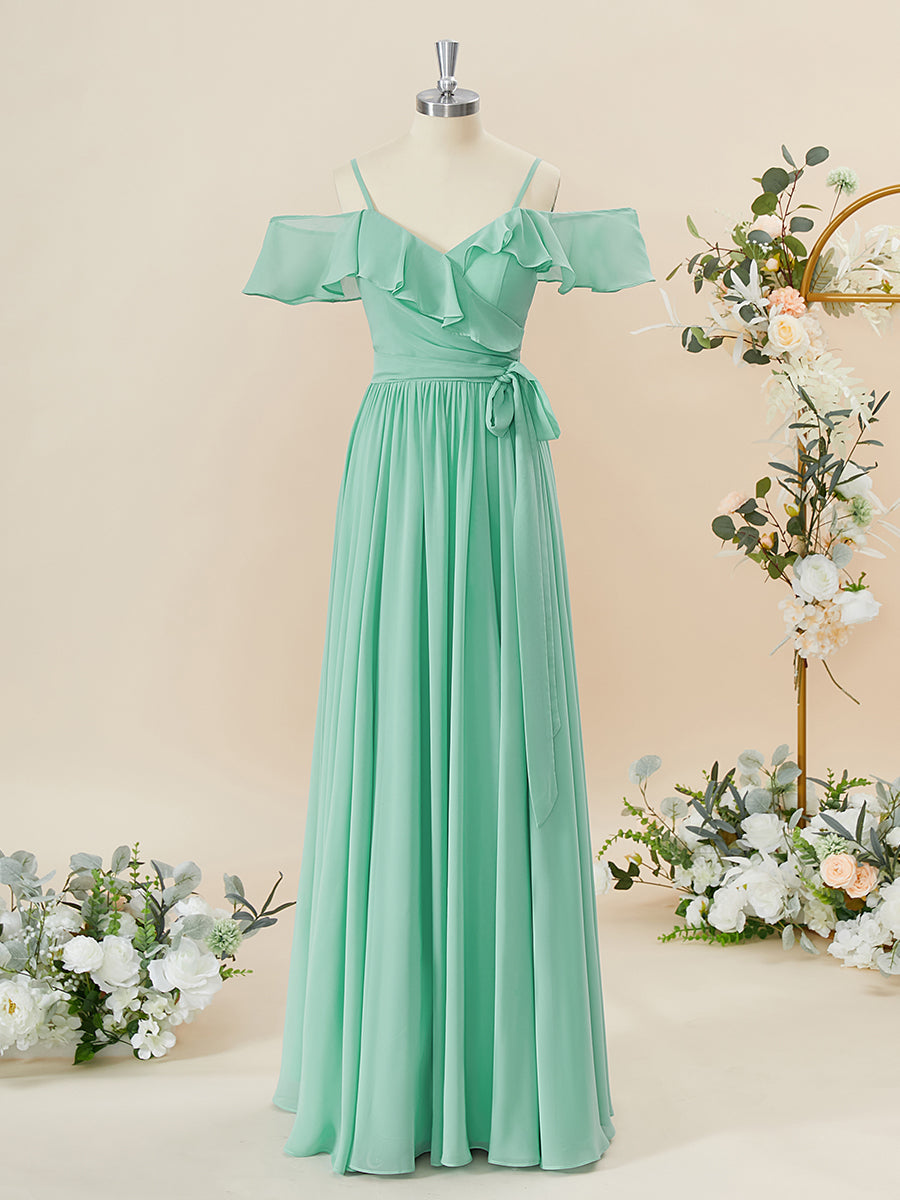 A-line Chiffon Cold Shoulder Ruffles Floor-Length Bridesmaid Dress