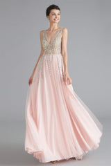 A Line Crystal Pink Split V Neck Backless Beaded Prom Dresses