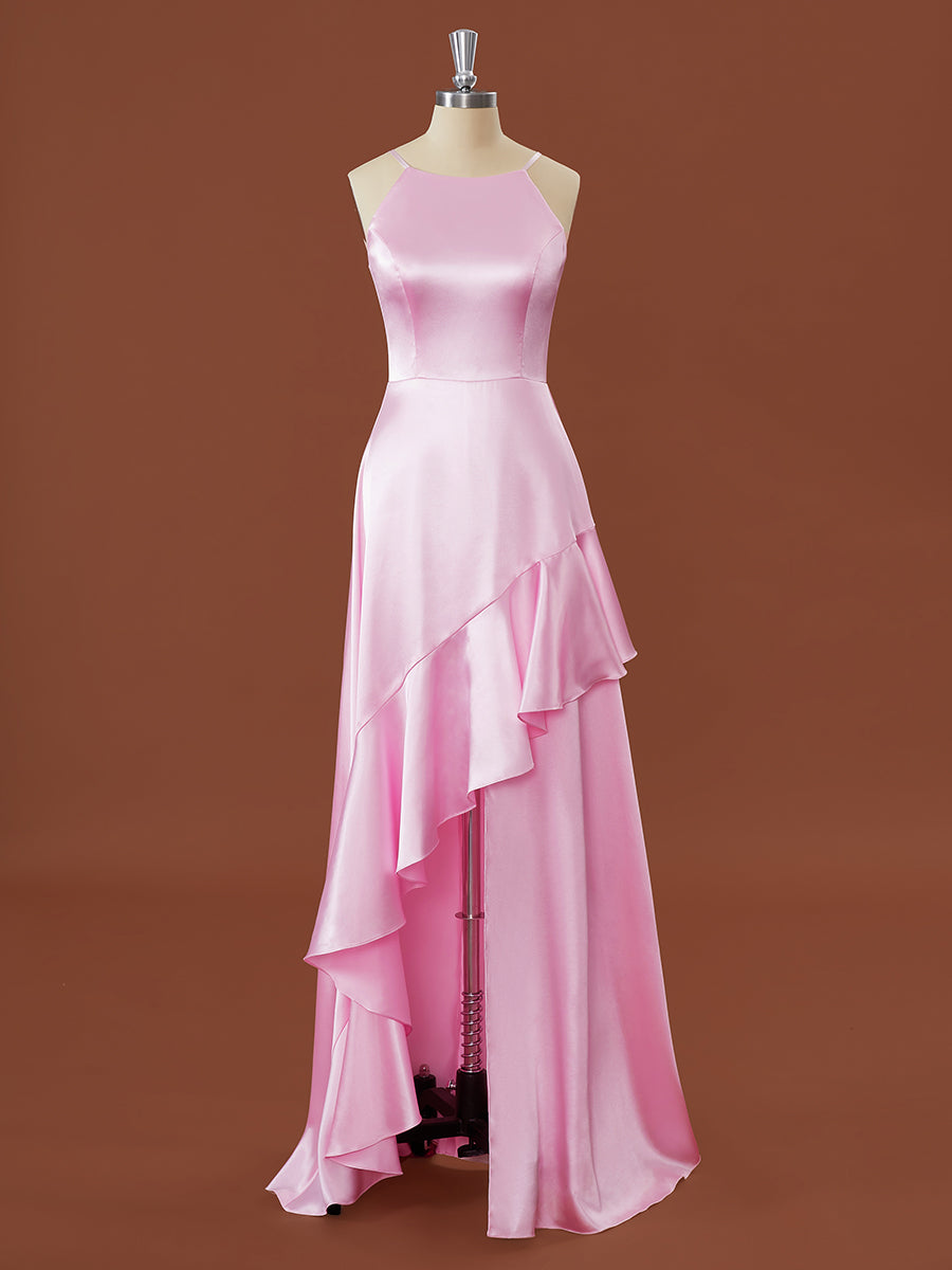 A-line Elastic Woven Satin Halter Ruffles Floor-Length Bridesmaid Dress