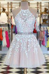 A Line Halter Neck Short Pink Lace Prom Dress with Belt, Pink Lace Formal Graduation Homecoming Dress