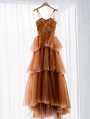 A Line Long Brown Tulle Prom Dresses