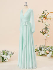 A-line Long Sleeves Chiffon V-neck Pleated Floor-Length Bridesmaid Dress