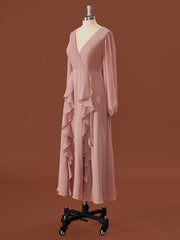 A-line Long Sleeves Chiffon V-neck Ruffles Tea-Length Bridesmaid Dress