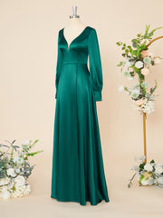 A-line Long Sleeves Elastic Woven Satin V-neck Floor-Length Dress