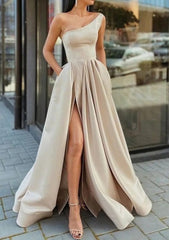 A Line One Shoulder Sleeveless Long Floor Length Satin Prom Dress With Ruffles Split