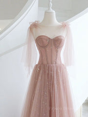 A-Line Pink Round Neck Tulle Long Prom Dresses, Pink Formal Evening Dress