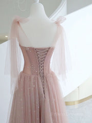A-Line Pink Round Neck Tulle Long Prom Dresses, Pink Formal Evening Dress