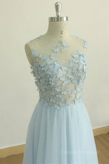A Line Round Neck Baby Blue Lace Long Prom Dress with Butterfly, Baby Blue Lace Formal Graduation Evening Dress