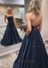 A Line Scalloped Neck Sweep Train Satin Prom Dress With Pockets