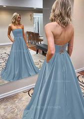 A Line Scalloped Neck Sweep Train Satin Prom Dress With Pockets