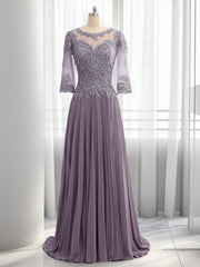 A-line Scoop 3/4 Sleeves Appliques Lace Sweep Train Chiffon Mother of the Bride Dress