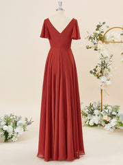 A-line Short Sleeves Chiffon V-neck Pleated Floor-Length Bridesmaid Dress