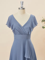 A-line Short Sleeves Chiffon V-neck Ruffles Floor-Length Bridesmaid Dress