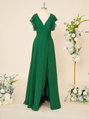 A-line Short Sleeves Chiffon V-neck Ruffles Floor-Length Dress