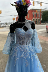 A-line Strapless Puff Long Sleeves Beaded Appliques Long Formal Prom Dress