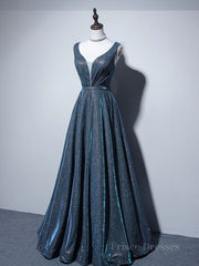 A-line V Neck Blue Long Prom Dress, Blue Formal Dresses