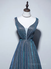 A-line V Neck Blue Long Prom Dress, Blue Formal Dresses