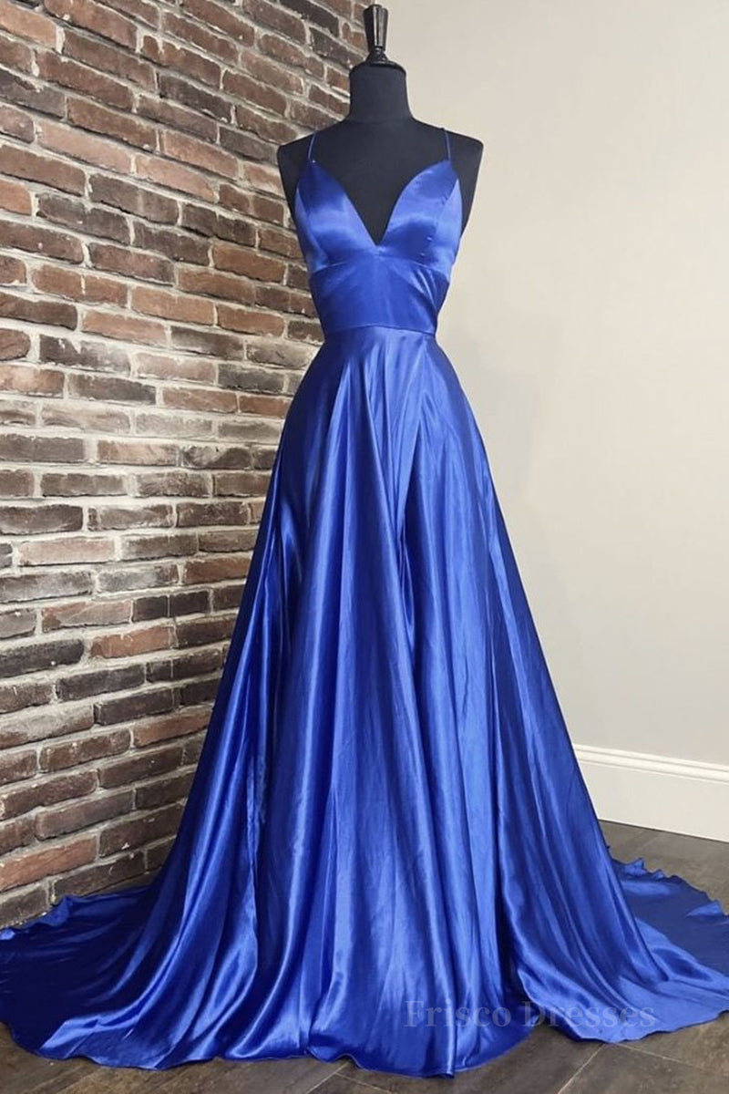 A Line V Neck Blue Long Prom Dress, V Neck Blue Formal Graduation Evening Dress