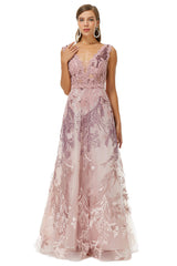 A-line V-neck Lace Beaded Applique Floor-length Sleeveless Prom Dresses