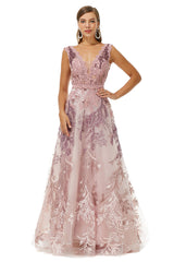 A-line V-neck Lace Beaded Applique Floor-length Sleeveless Prom Dresses