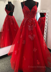A-line V Neck Spaghetti Straps Long/Floor-Length Tulle Prom Dress With Appliqued Beading