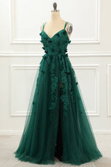 A Line Dark Green Tulle Prom Dress With Appliques