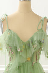 A Line Embroidery Green Prom Dress With Slit