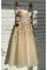 Ankle Length Tulle Straps Prom Dress with Flowers, A Line Party Gown