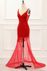 Asymmetrical Red Prom Dress With Embroidery