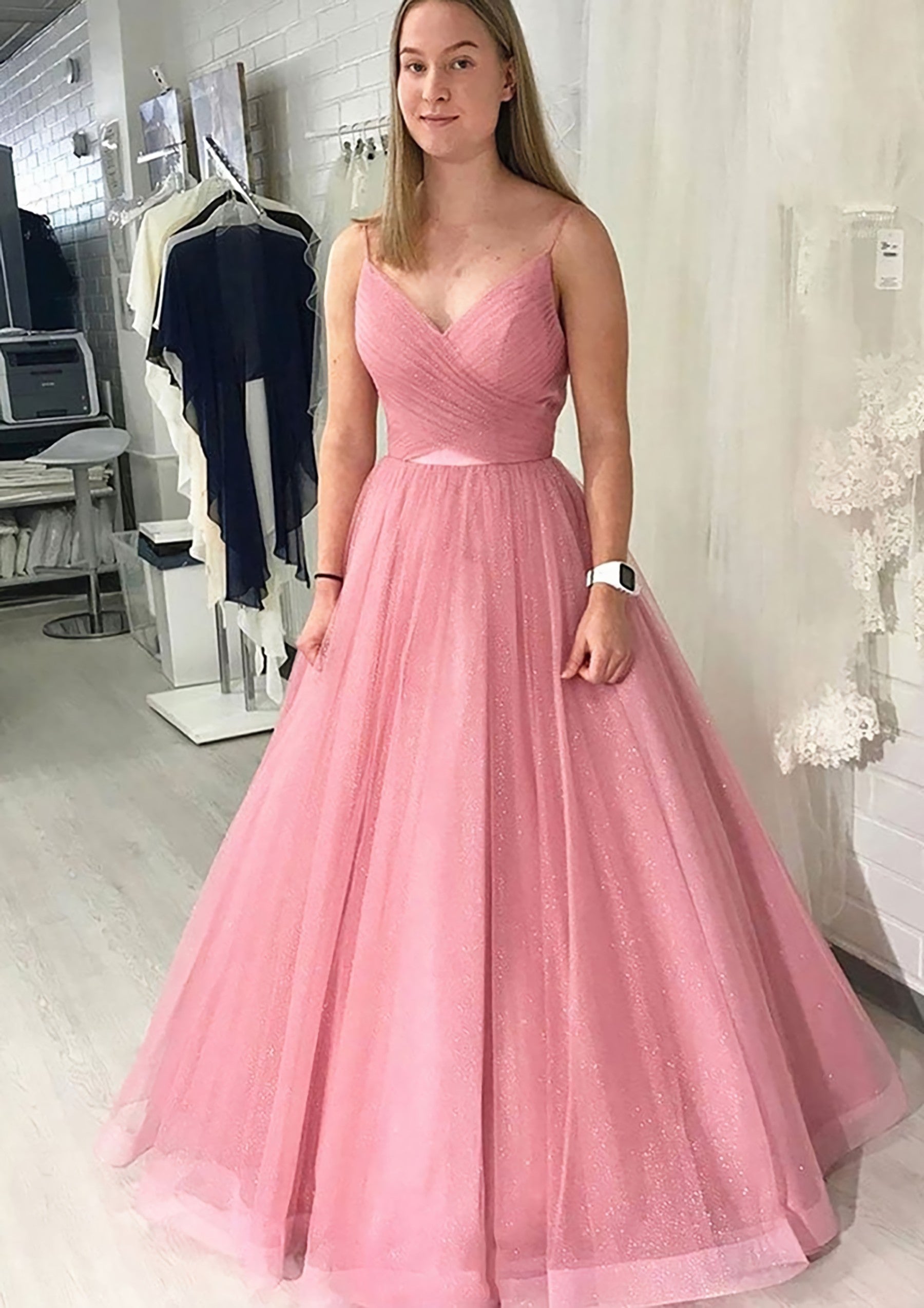 Ball Gown Long Floor Length Sparkling Tulle Prom Dress With Pleated